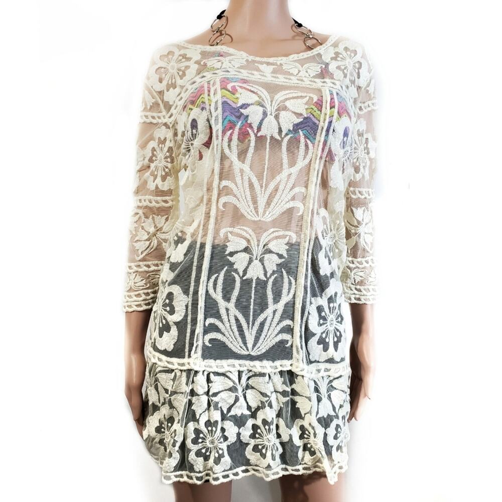 Off-White 3/4 Sleeve Lace Swim Coverup